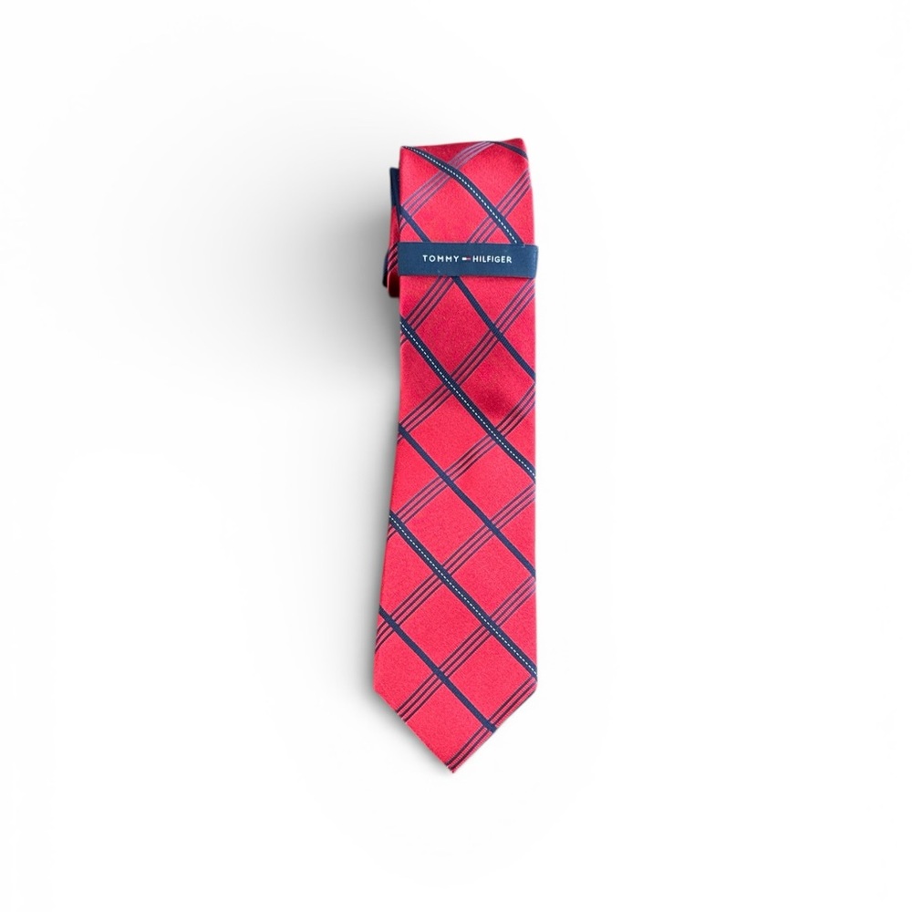 Tommy Hilfiger Red Diagonal Windowpane Check 100% Silk Necktie NWOT
